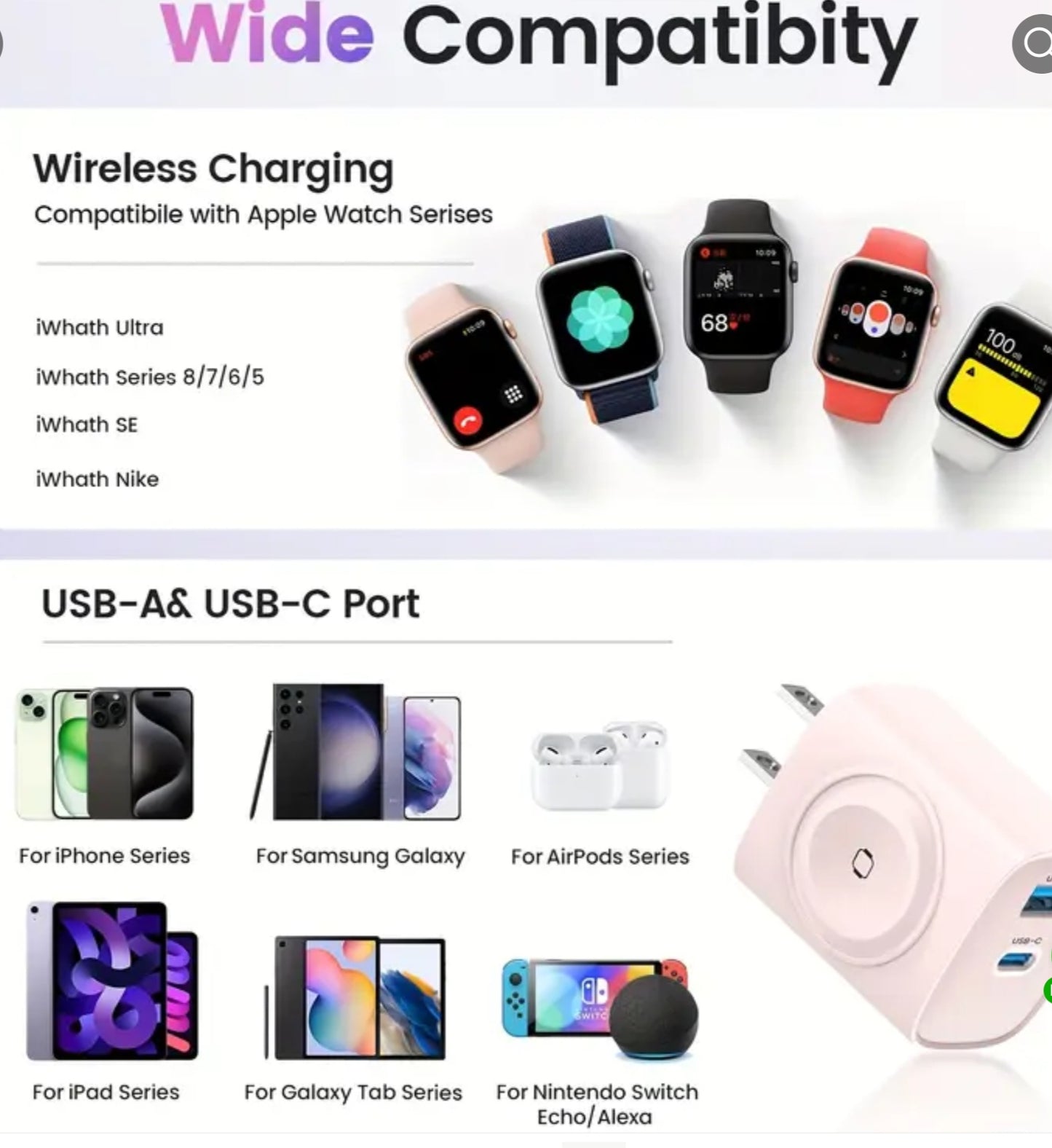 Airline Travel 3-1 Iphone Watch Charge, USB plug, and C type plug